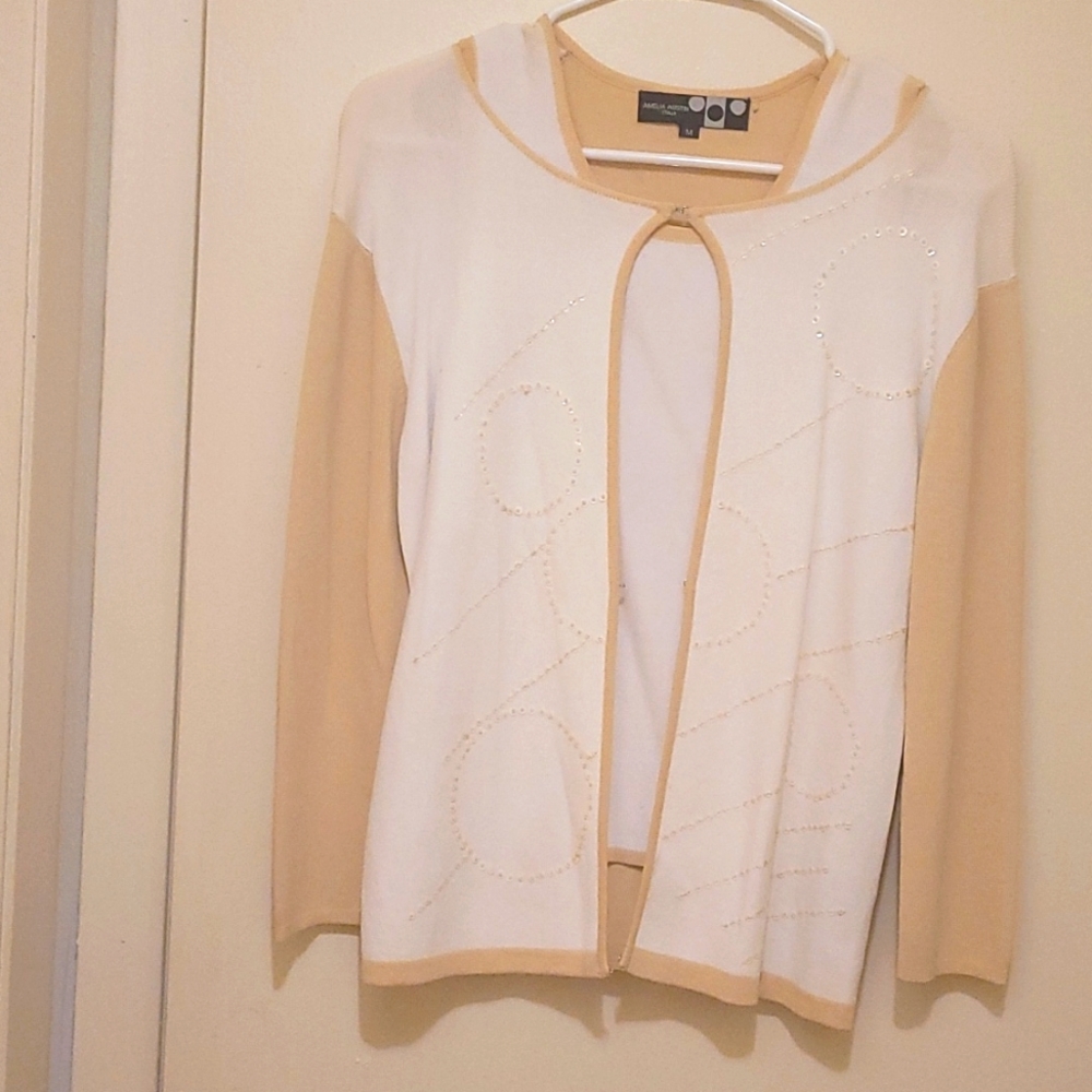 Amelia Austin Italian  twinset tan and cream with glitter design on sweater.